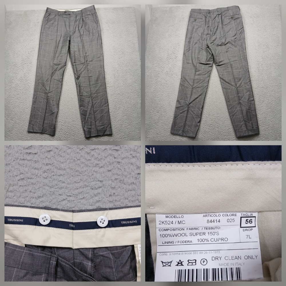 Trussini Super 150s Wool Dress Pants‎ Men's 56 Gray Windowpane Italy